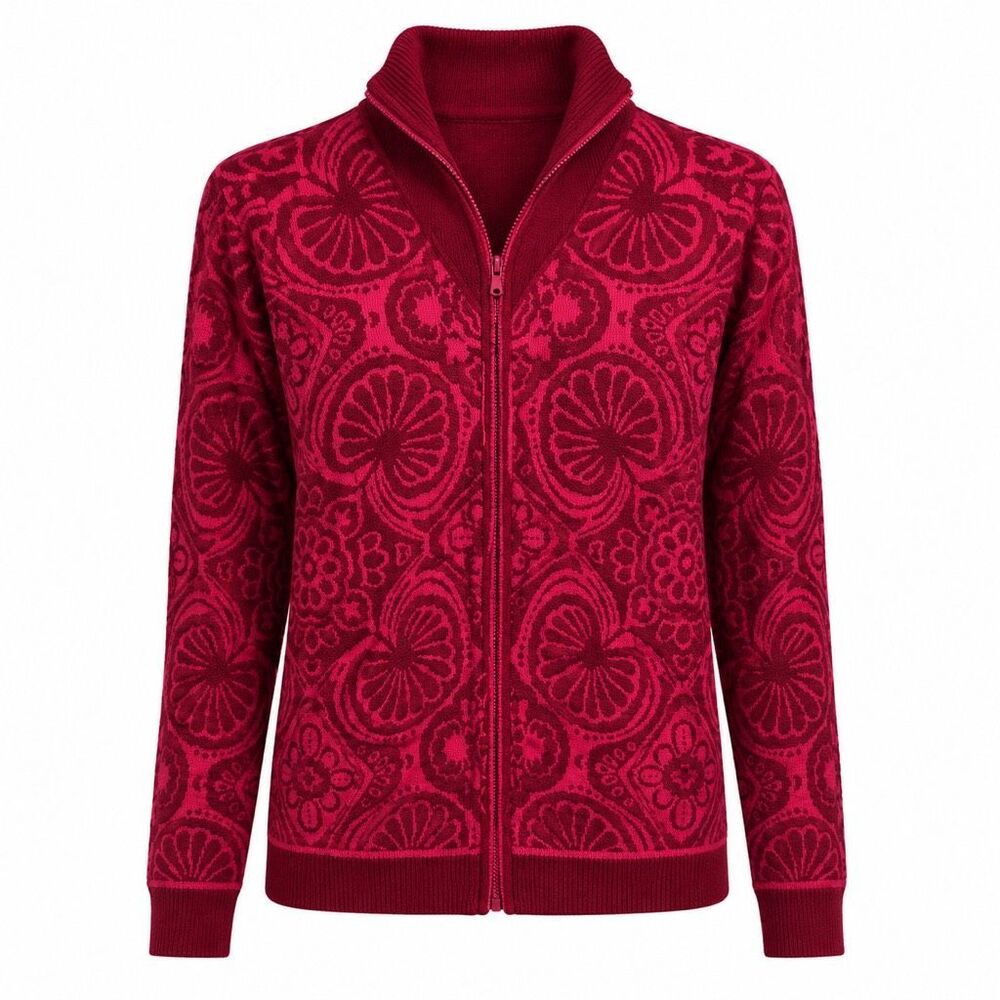 Icelandic Design Wool Blend Nordic Zip Sweater Cardigan Berry Fair Isle Women M